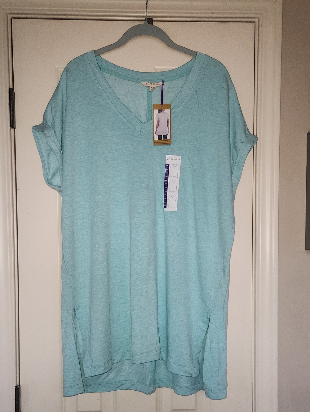 Relaxed V-Neck Tunic in Light Aqua with Roll Sleeves